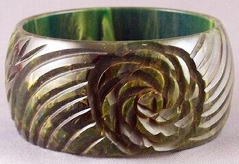 BB412 blue moon cabbage rose carved bakelite bangle